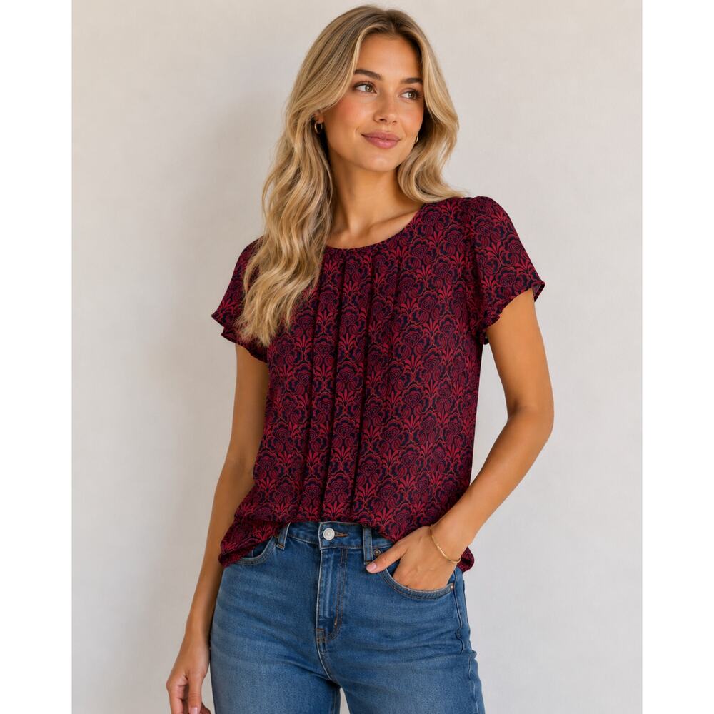 Loft Petites Red Burgundy Floral Round Neck Pleated Front Cap Sleeve Top SP